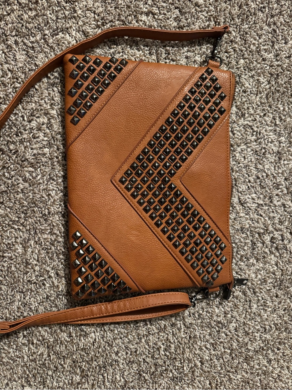 Stud-Embellished Tan Crossbody Clutch